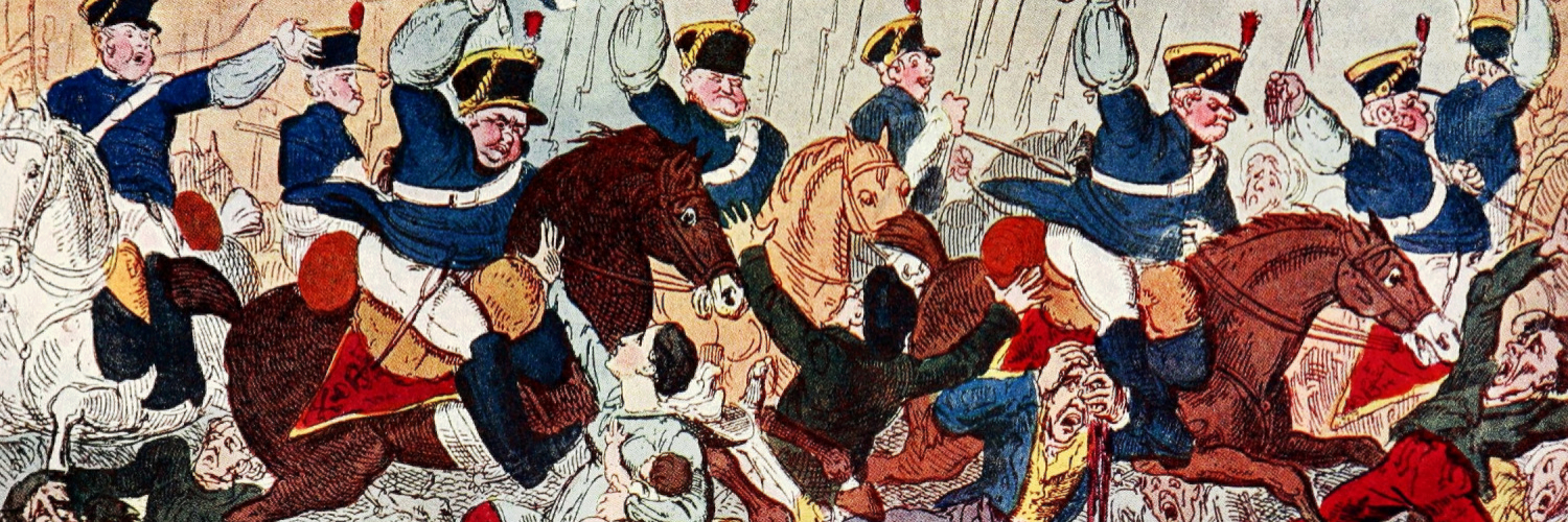 british soldiers on horseback trampling people 