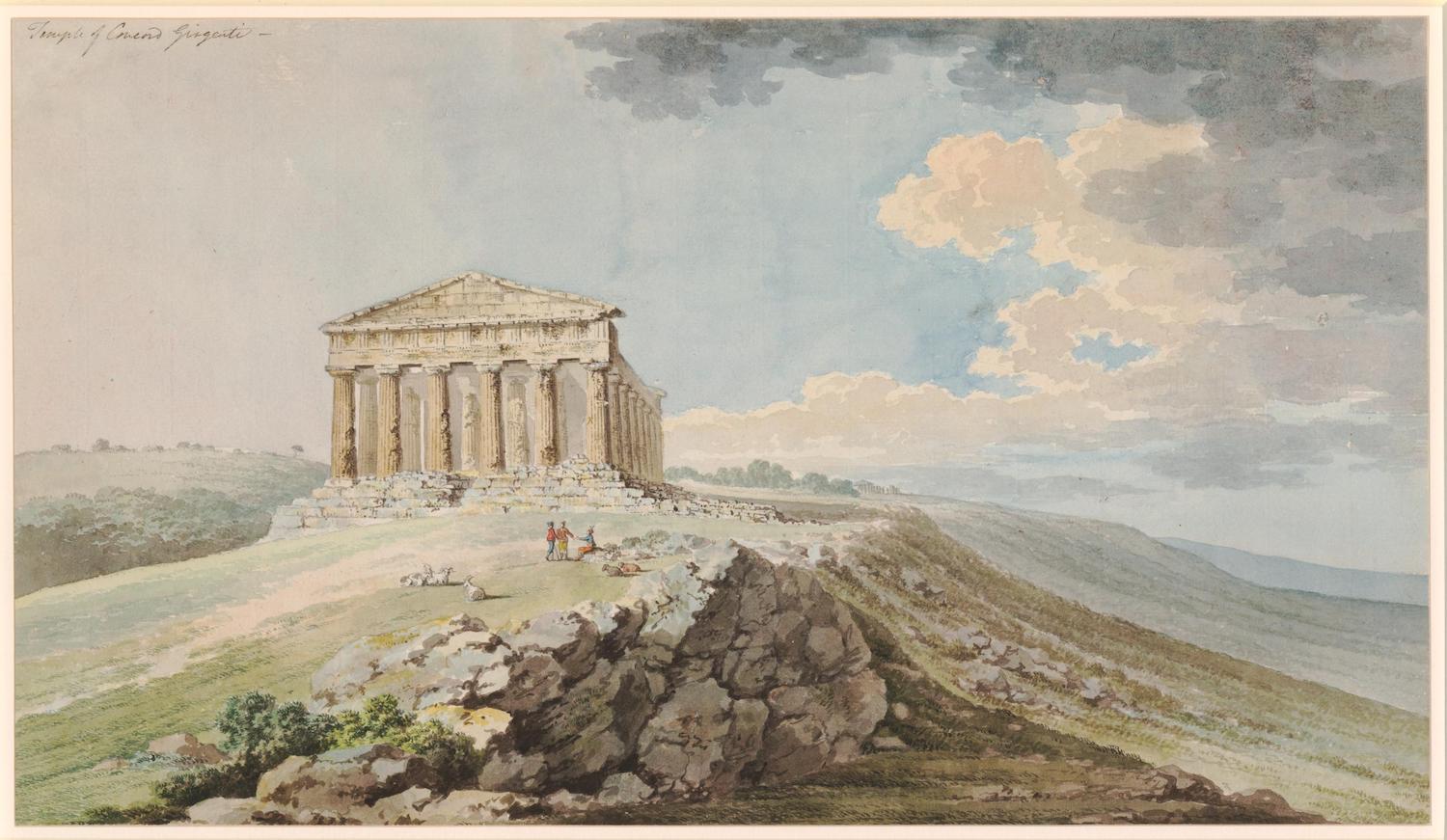 Temple of Concord at Agrigentum; view from below the temple on its bare hill shelving downward, three Sicilians and their goats on the grass before the temple above the foreground rocks. 1777 Watercolour, over graphite