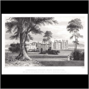 The modern Conishead Priory is a Victorian Gothic building, home to a Kadampa Buddhist community since 1976. The previous structure was demolished in 1821. Illustration: print from Thomas Allen’s Lancashire Illustrated (London, 1832), between p. 34 and p. 35. Courtesy of HathiTrust.