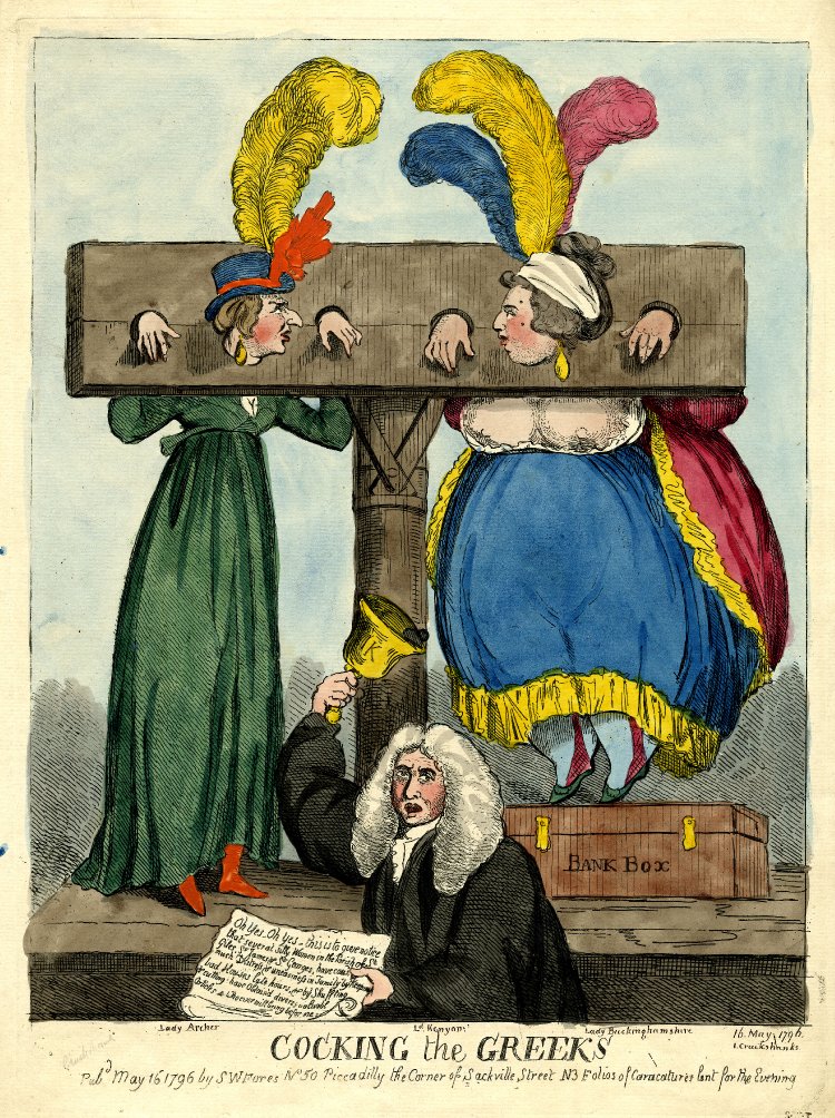 Two upper class women in the stocks with a judge below 