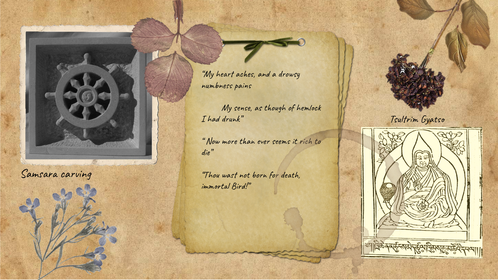 a student's digital scrapbook project that shows a samsara carving, a poem, and an image of Tsultrim Gyatso