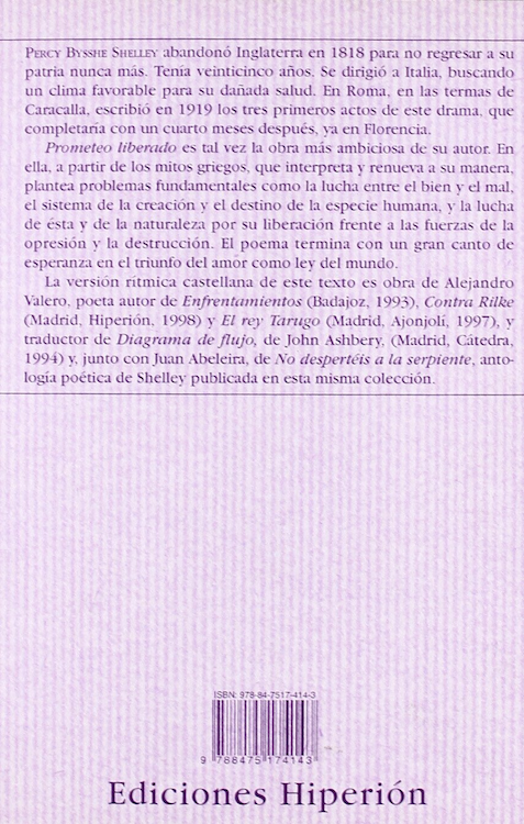 Figure 1: Back Cover of Valero’s edition of Prometeo Liberado (1994, Hiperión Press)