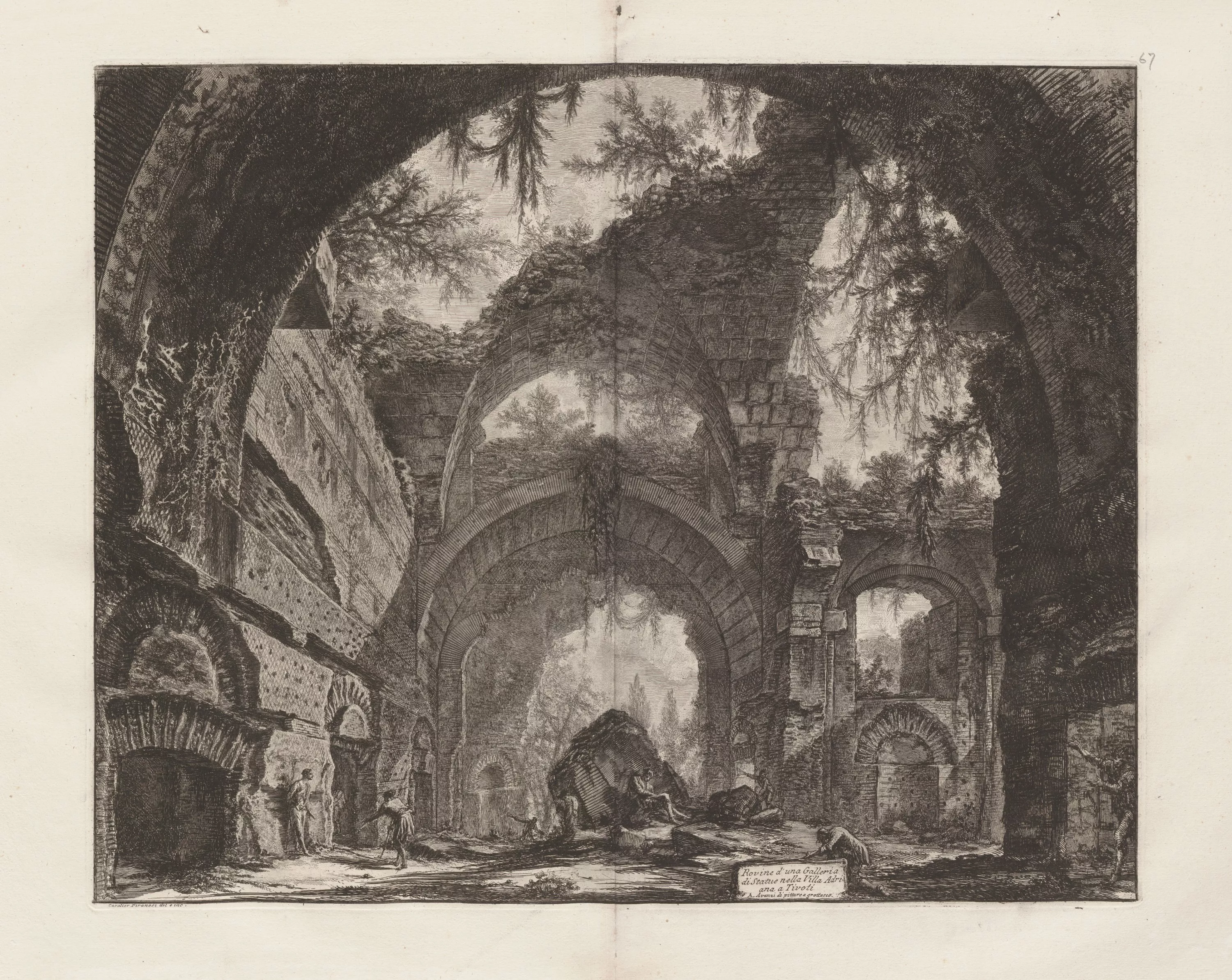 Black and white engraving depicting a large stone arch with dilpidated stone behind it. 
