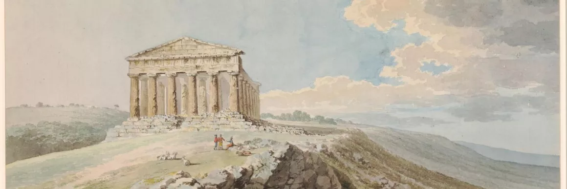 Temple of Concord at Agrigentum; view from below the temple on its bare hill shelving downward, three Sicilians and their goats on the grass before the temple above the foreground rocks. 1777 Watercolour, over graphite