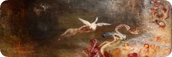 Painting of ladies and a white bird flying with a lady holding on to it