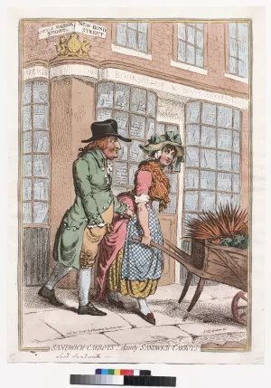 A man approaching a woman who is pushing a wheelbarrow full of carrots