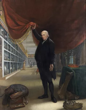 Peale lifting a curtain to reveal his museum