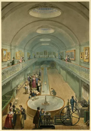 Visitors inspecting the interior of the National Gallery of Practical Science.