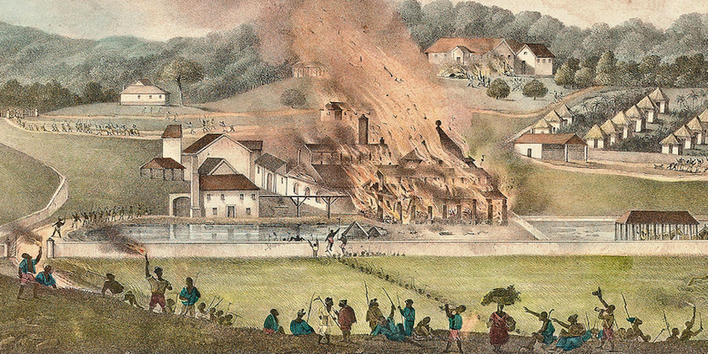 Plantation being burned during the Baptist War in Jamaica