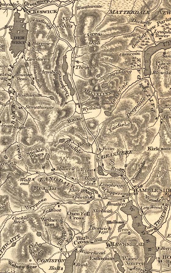 Second detail from Otley’s New Map of the District of the Lakes, in Westmorland, Cumberland, and Lancashire.