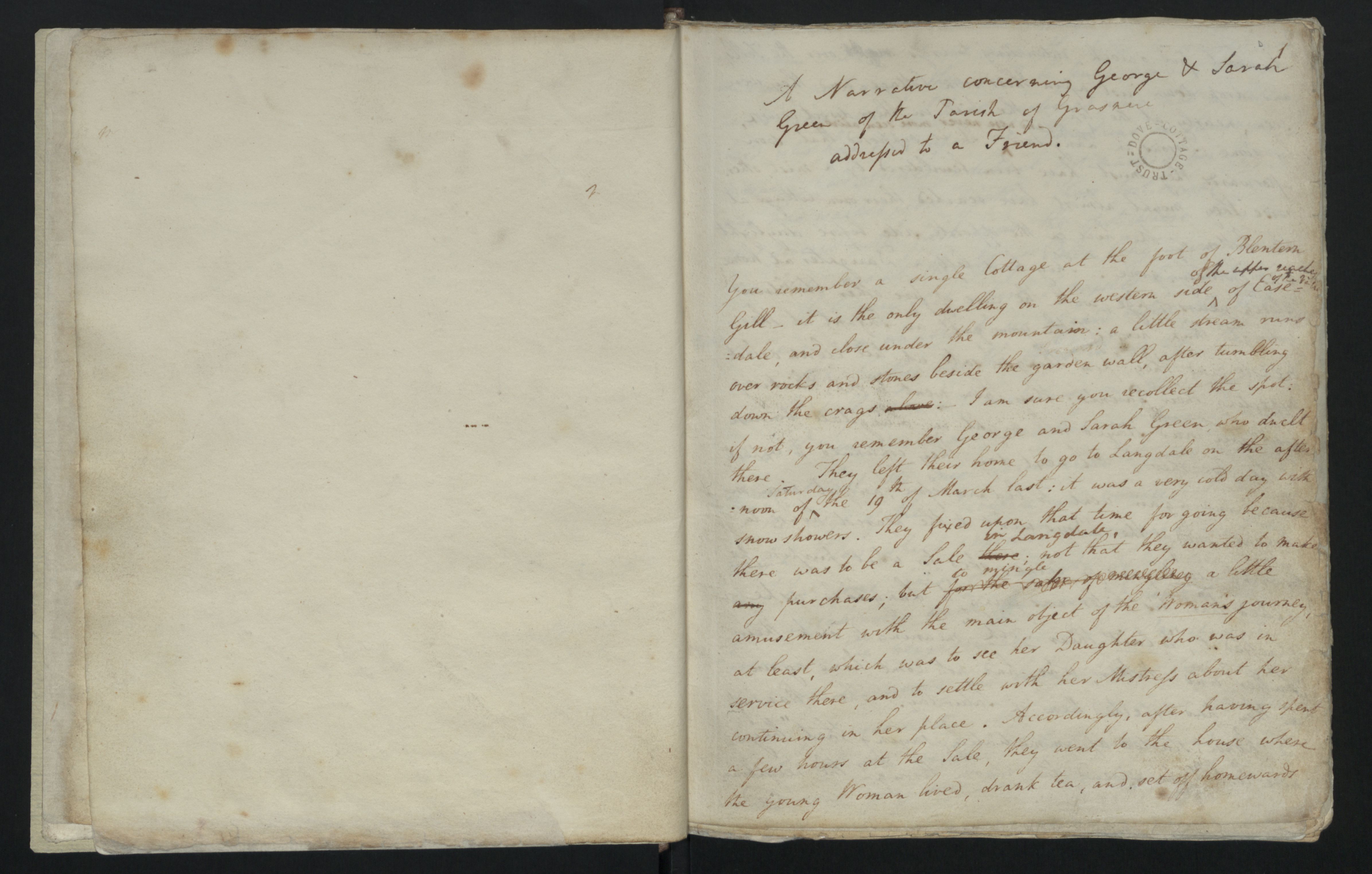 First page of Dorothy’s A Narrative concerning George & Sarah Green of the Parish of Grasmere addressed to a Friend