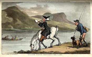 Figure 16: Doctor Syntax Sketching the Lake from Dr. Syntax in 
                            Search of the Picturesque, 1812 edition (print, hand-colored engraving and aquatint). Neither Combe 
                            nor Rowlandson had ever been to the Lake District, but that was part of the joke. (Courtesy: Jean 
                            Norgate)