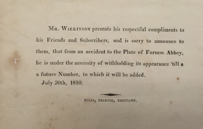 Figure 4: Wilkinson’s apology slip explaining to subscribers the omission of a fourth print from the August 1810 installment. (Courtesy: Wordsworth Trust)