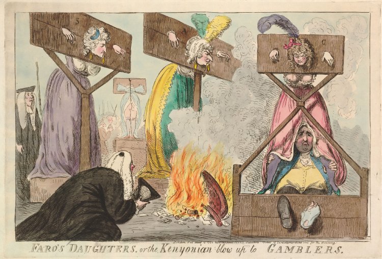 Three wealthy women in the stocks with a fire lit just below them 