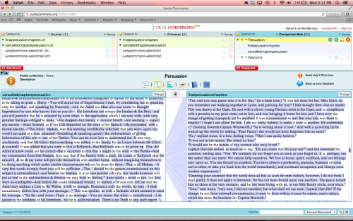 Screen shot of Juxta Commons comparison of the cancelled and substituted final chapters of Persuasion