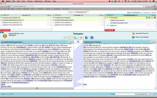 Screen shot of Juxta Commons comparison of the cancelled and substituted chapters of Persuasion