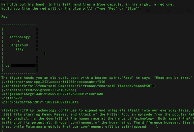 The end of the introductory narrative and the beginning of the student’s essay. In between are the formatting details from Word that the particular software environment cannot interpret.