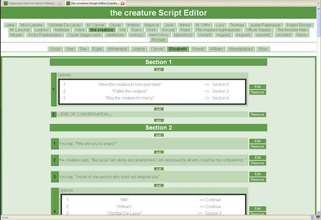 The flexible and robust script editor GUI for the creation of conversations that players can have with non-player characters in student-designed gamespaces. Note that no computer programming is necessary to create these scripts, but the process of scripting multiple paths emulates the kinds of instructional processes that programmers engage in. 