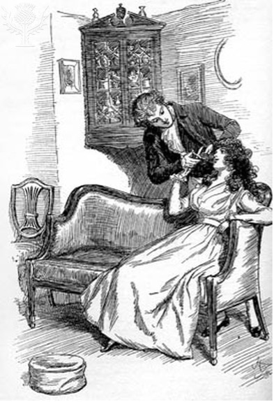 Willoughby cuts off a lock of Marianne’s hair. Illustration by Hugh Thomson (1860–1920), 1896. Britannica ImageQuest, Encyclopædia Britannica.
