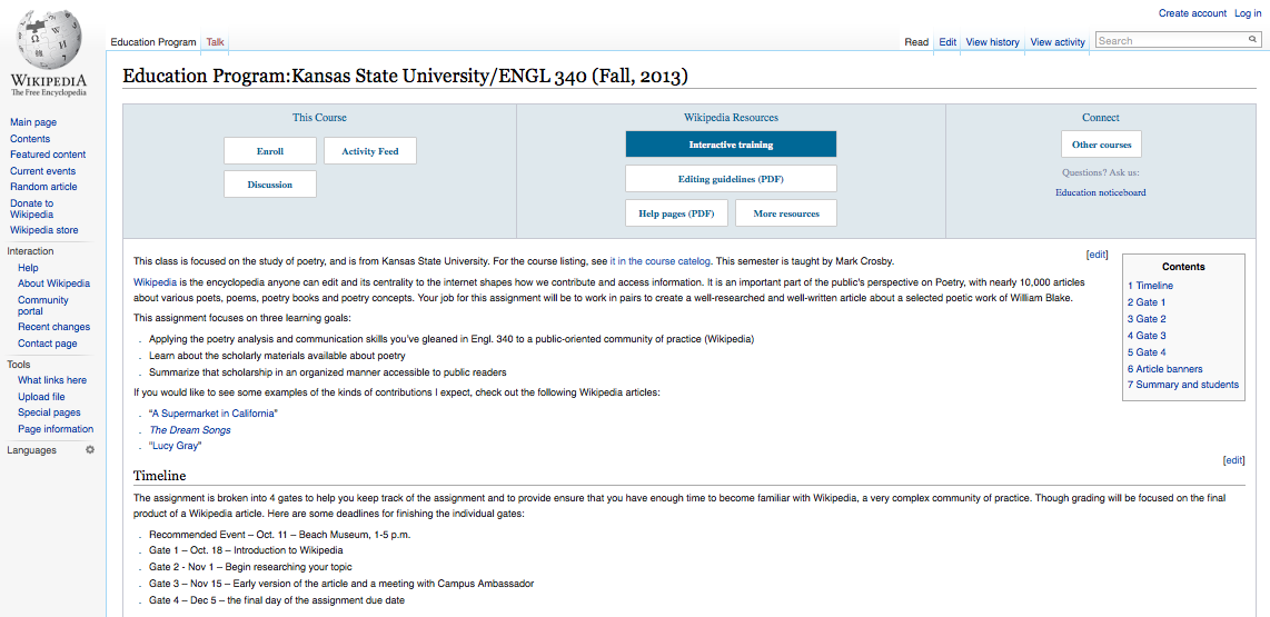 Wikipedia Writing Assignment, Fall 2013 (ENGL 340). 