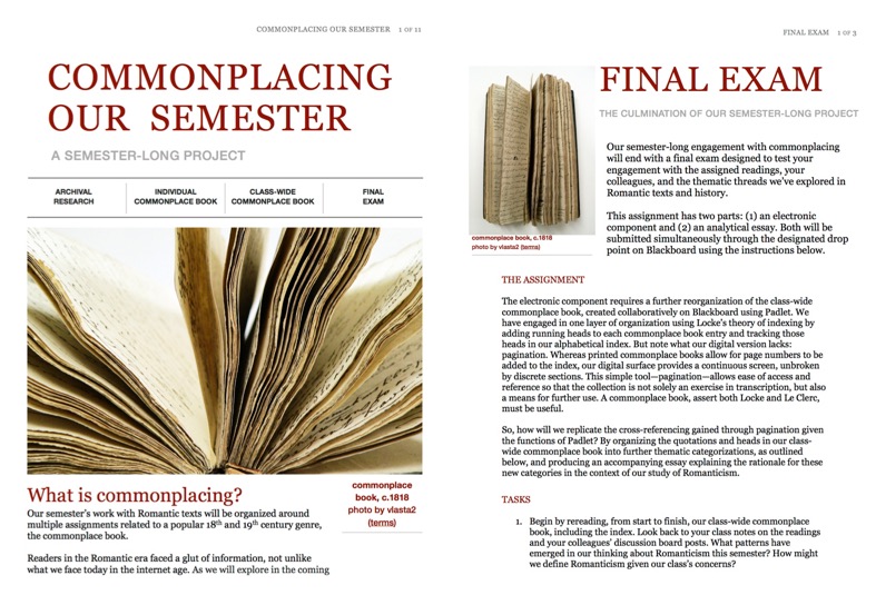 Repeated visual design on the project’s assignment sheets. (View PDFs of the “Commonplacing Our Semester” and “Final Exam” assignment sheets here.)