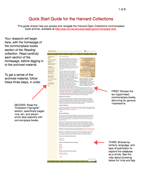 First page of the Quick Start Guide for the Harvard Collections showing steps for students’ directed reading. (View PDF of the full guide here)