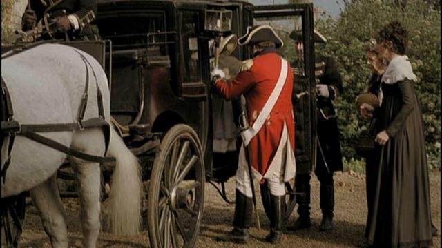 Emma, screenplay by Sandy Welch, directed by Jim O’Hanlon, BBC 2009. Near the opening of the film; the orphaned Jane Fairfax is assisted into the carriage by her surrogate caregiver, Col. Campbell, as Miss Bates and Mrs. Bates, her aunt and grandmother, look on.