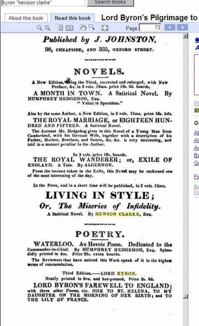 Fig. 4 Johnston Advertisement at end of Lord Byron's Pilgrimage to the Holy Land: A Poem [by John Agg] (London: Johnston, 1817).