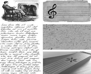 Figure 3. 18th-c Fire Grate, Journal Page, Musical Staff, Window Frost, Aeolian Harp.