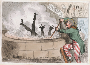 James Gillray, Barbarities in the West Indias, 1791, colored etching.