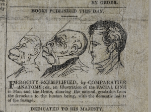 George Cruikshank, Ferocity Exemplified, by Comparative Anatomy, wood engraving. Mock advertisement in William Hone’s A Slap at Slop and the Bridge Street Gang (London, 1821). © The British Library Board. 806.k.1 (124)