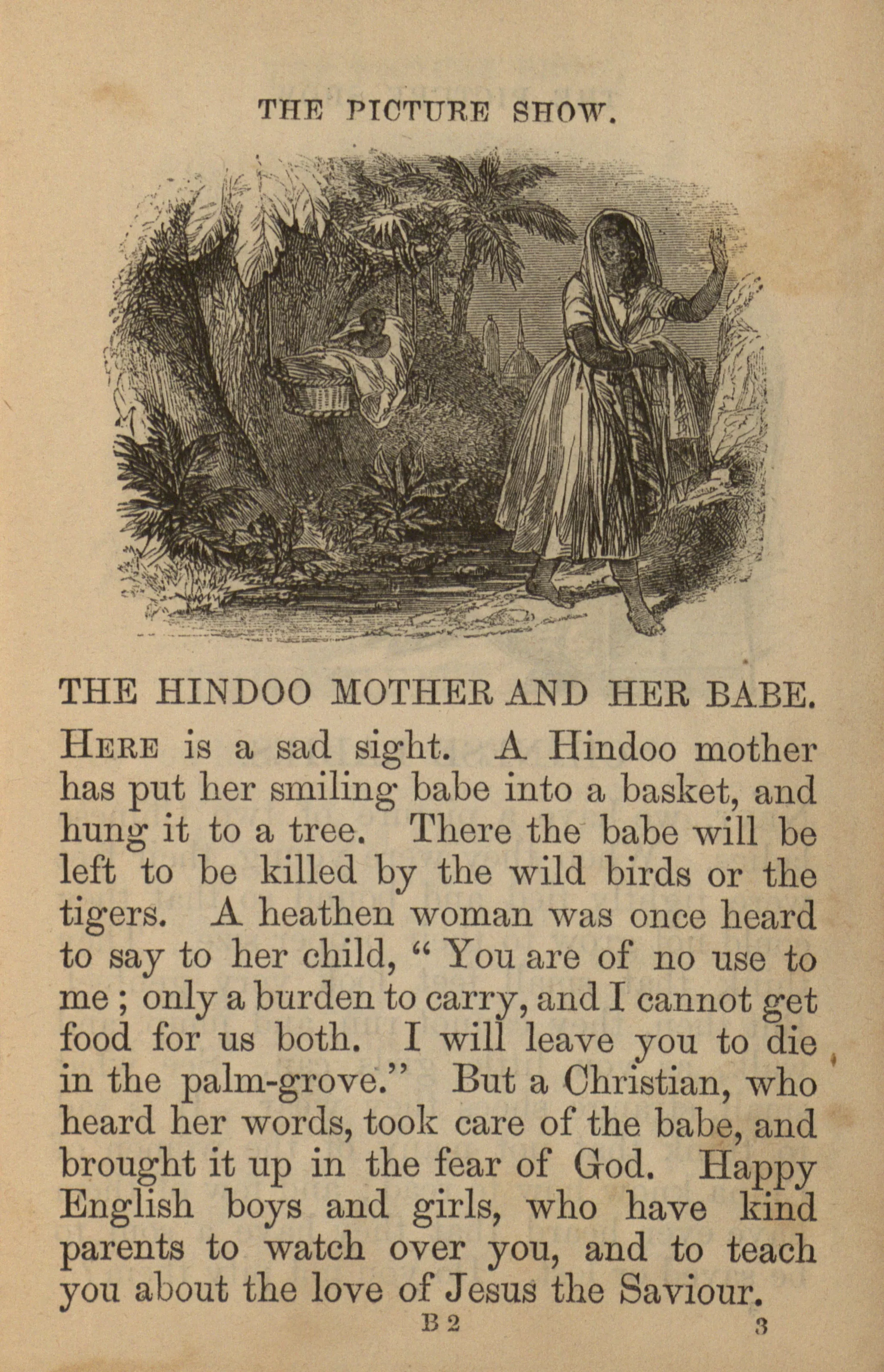 A page of text depicting an Indian woman and her baby