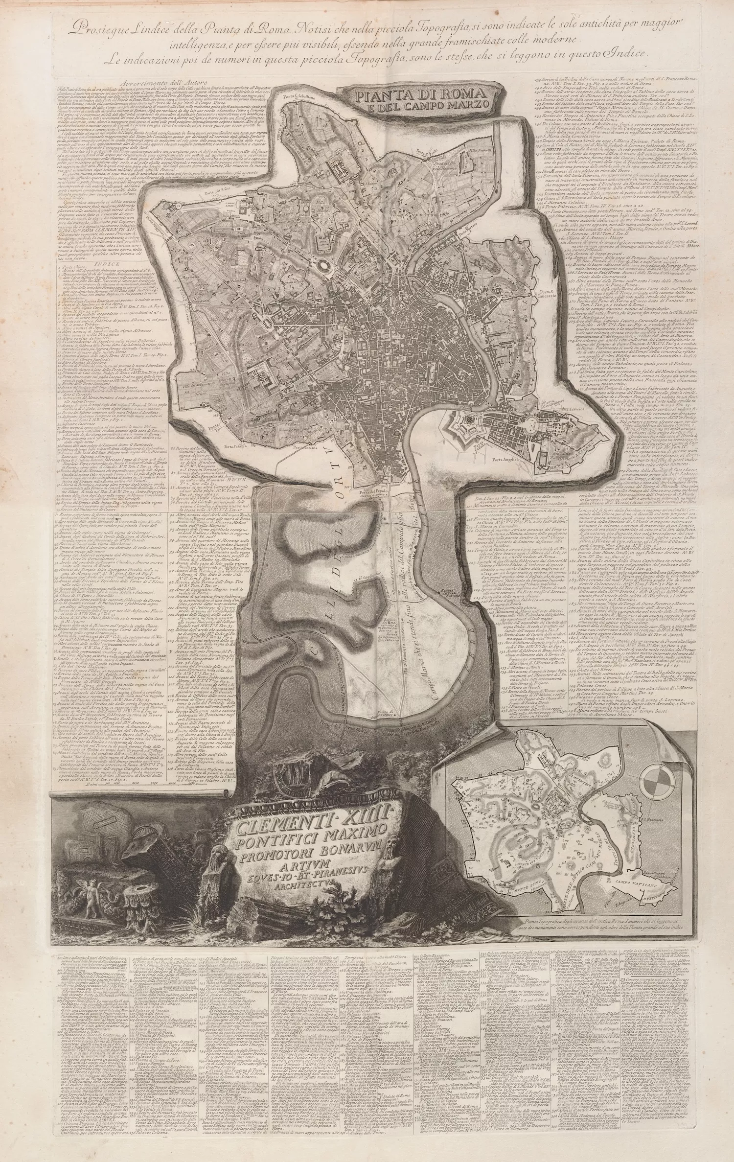 Black and white engraving depicting a map of Rome with over 400 numbered items highlighted. 