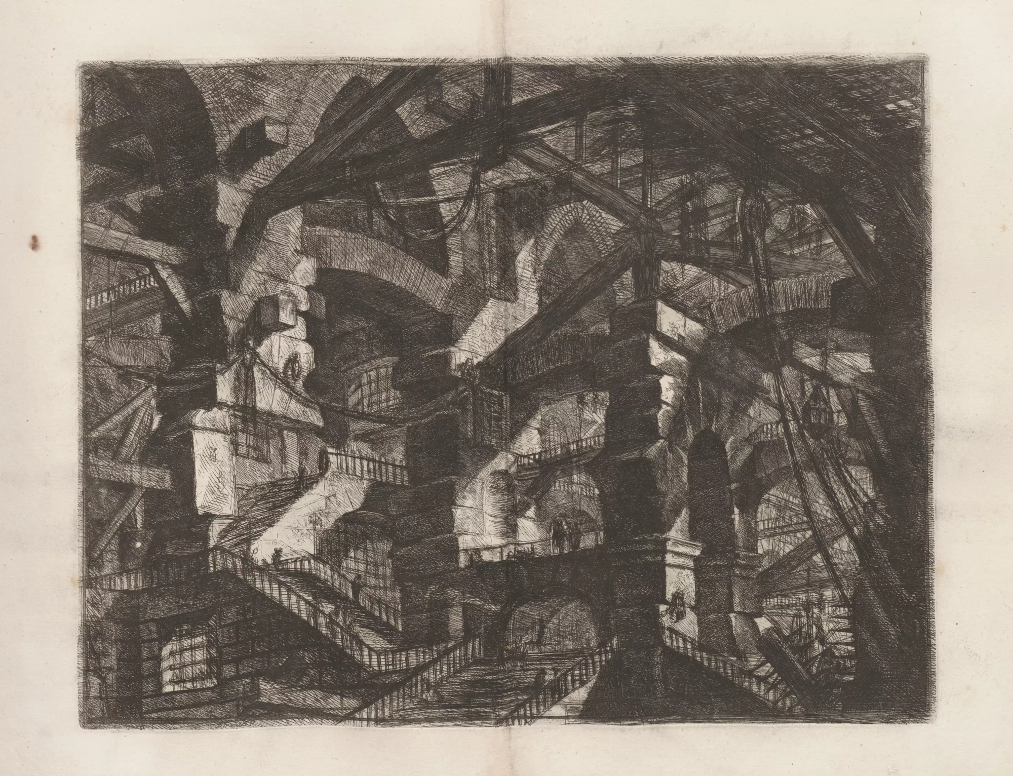 Black and white depiction of stone walls with arches. 