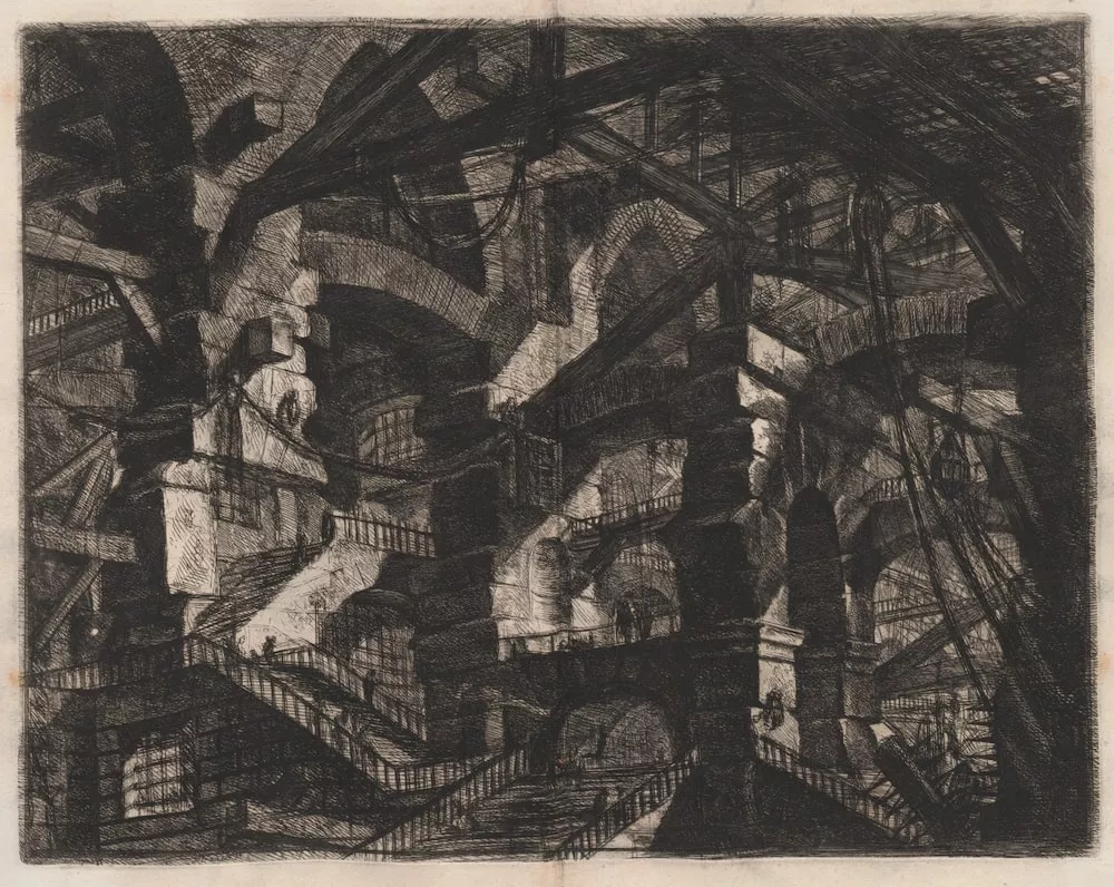 Black and white depiction of stone walls with arches. 