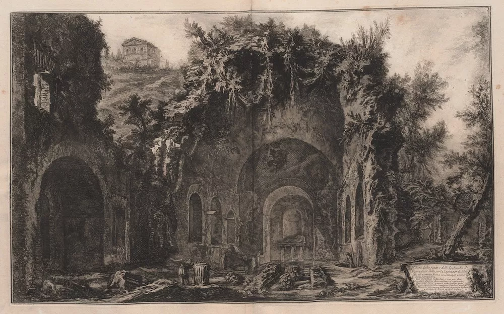 Black and white engraving depicting a stone fountain inside a grandiose building with onlookers exploring the cavernous interior. 