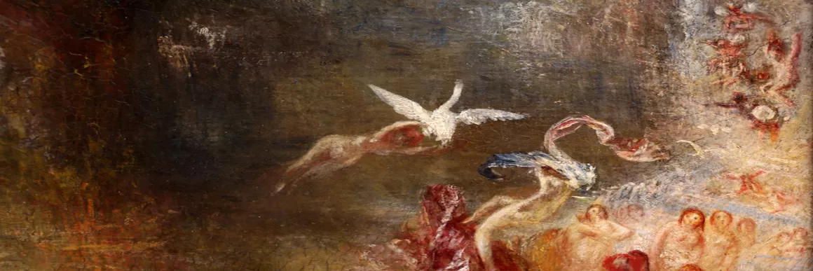 Painting of ladies and a white bird flying with a lady holding on to it