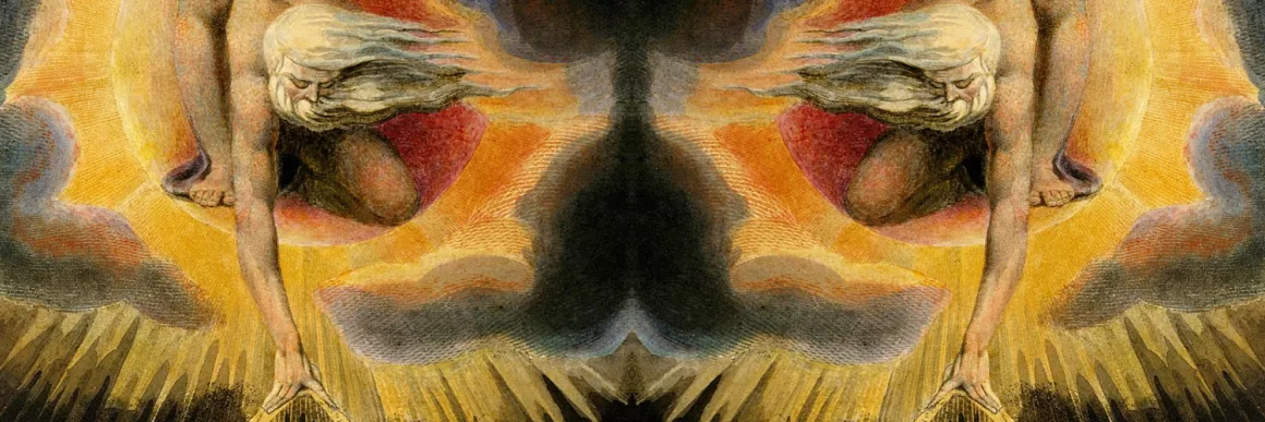 mirrored image of William Blake's creator making the world