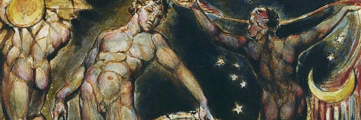 William Blake painting of men with the sun, moon, and stars