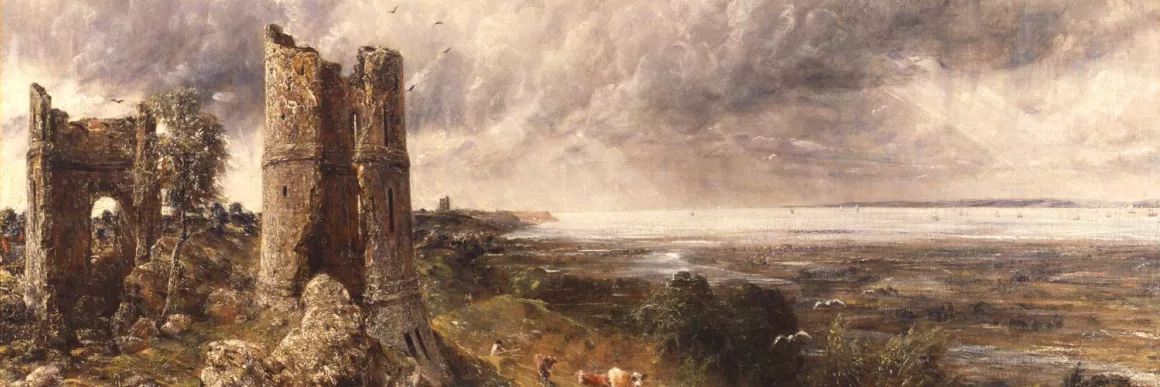 Painting of castle ruins in sunny morning