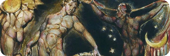 William Blake painting of men with the sun, moon, and stars