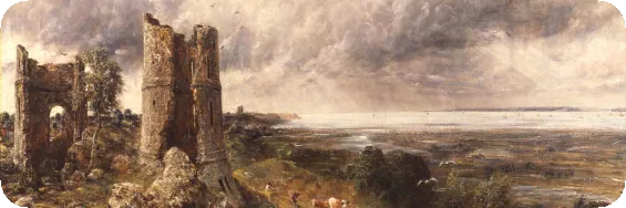Painting of castle ruins in sunny morning