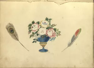 A drawing of a bouquet of flowers with a feather to each side of the blue vase