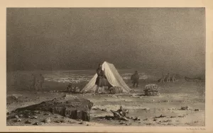 A camp is set up in a foggy icescape