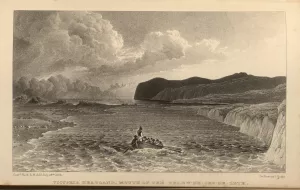 A small rowboat passes a glacier