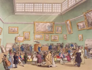 A crowd in an art auction hall