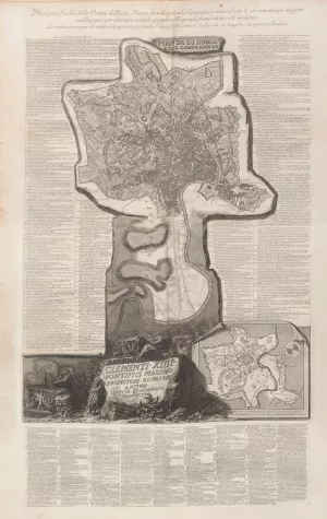 Black and white engraving depicting a map of Rome with over 400 numbered items highlighted. 