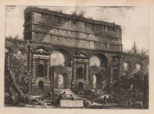 Black and white engraving of a stone facade with multiple archways featuring people walking in the scene.