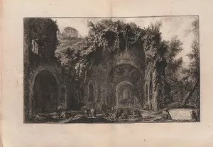 Black and white engraving depicting a stone fountain inside a grandiose building with onlookers exploring the cavernous interior. 