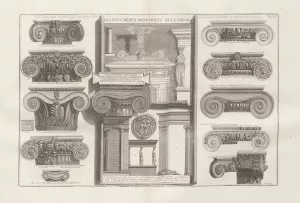 Black and white image composed of Ionic column capitals from various buildings in Rome.